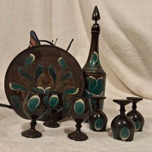 Elegant Teal and Bronze Wooden Saki Set EUC